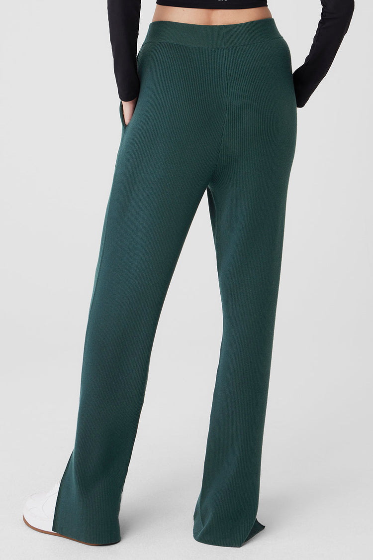 Pantalón de punto Salana de cintura alta y pierna ancha - Verde medianoche