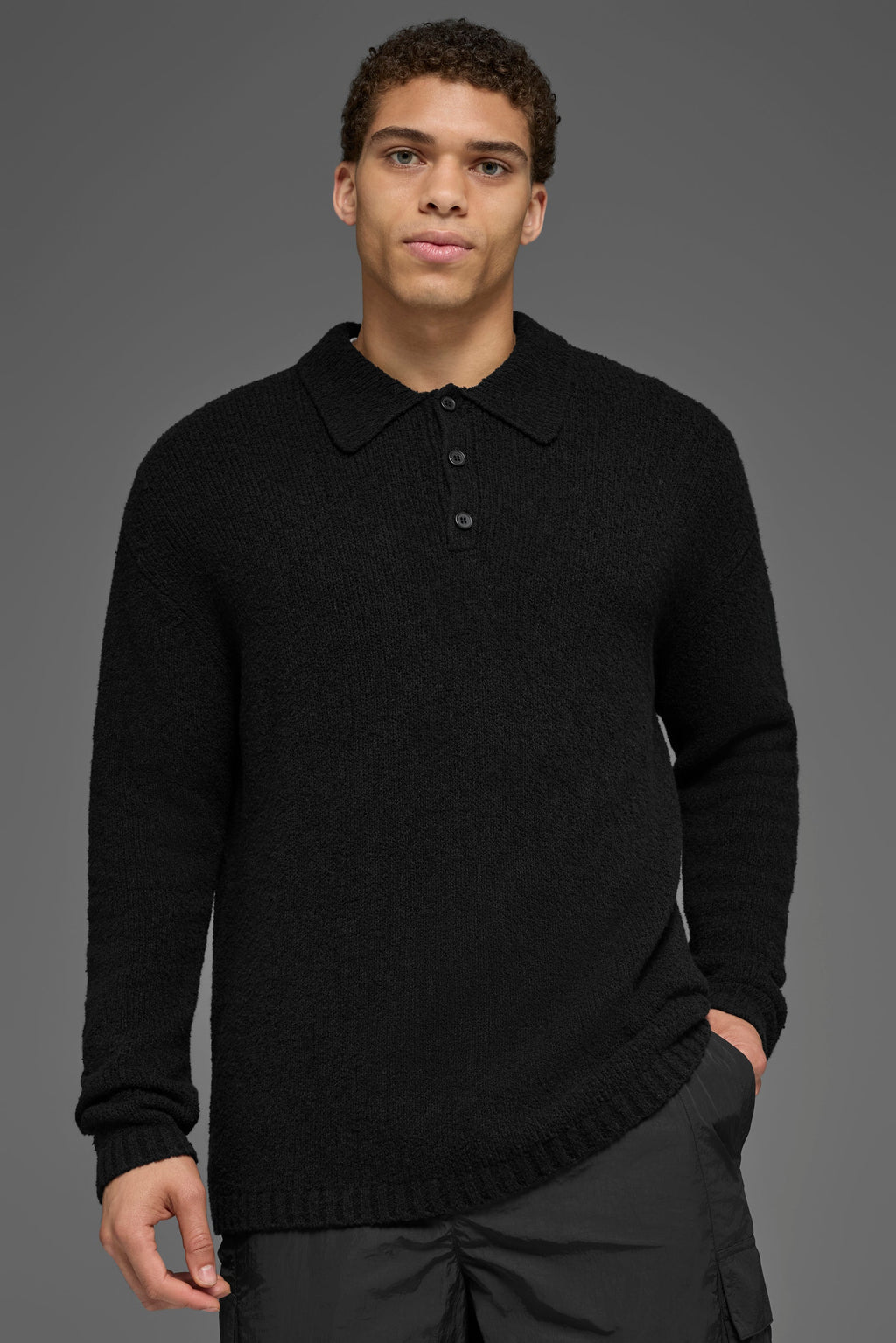 Textured Knit Long Sleeve Polo - Black