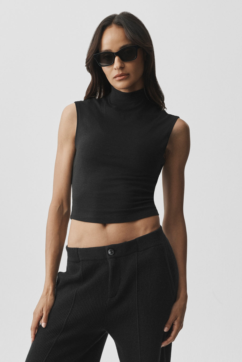 Semi Sheer Mock Neck Oasis Tank - Black